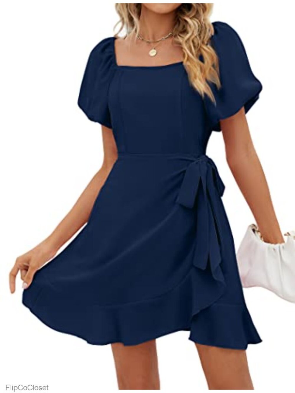 Square Neck Puff Sleeve Tie Waist Mini Dress Chiffon Summer